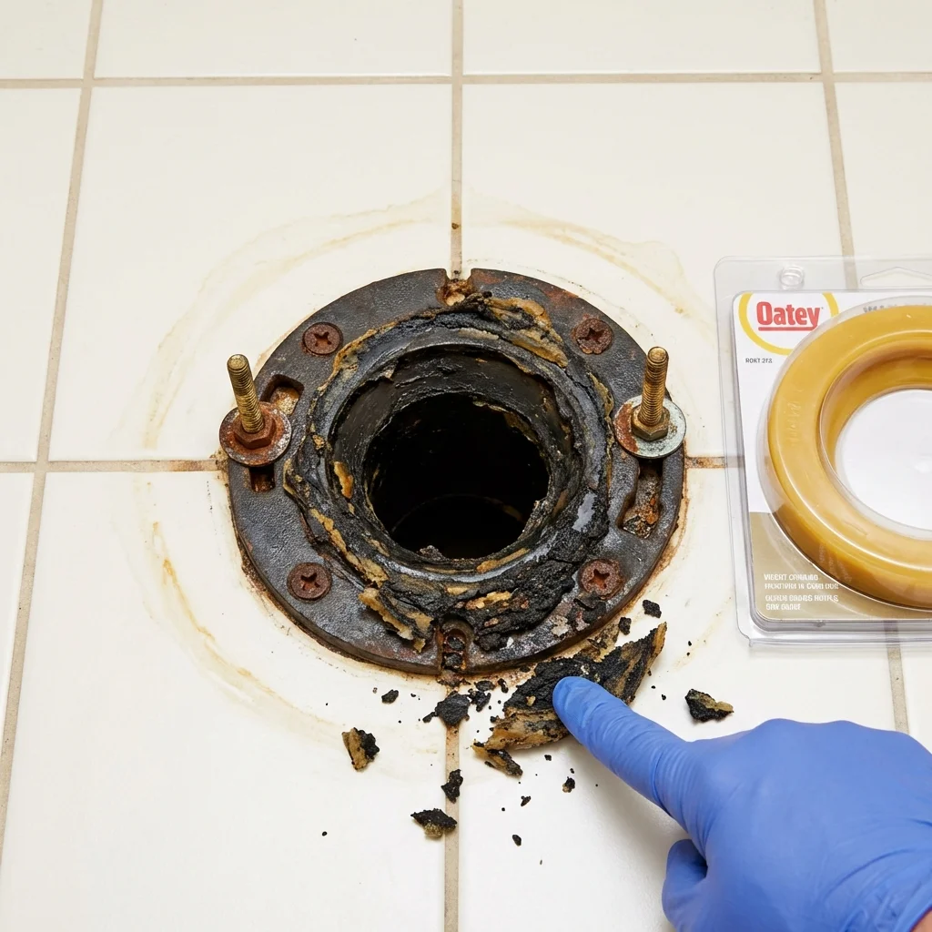 Failed wax ring showing water seepage at the base of a toilet in a Houston, PA home