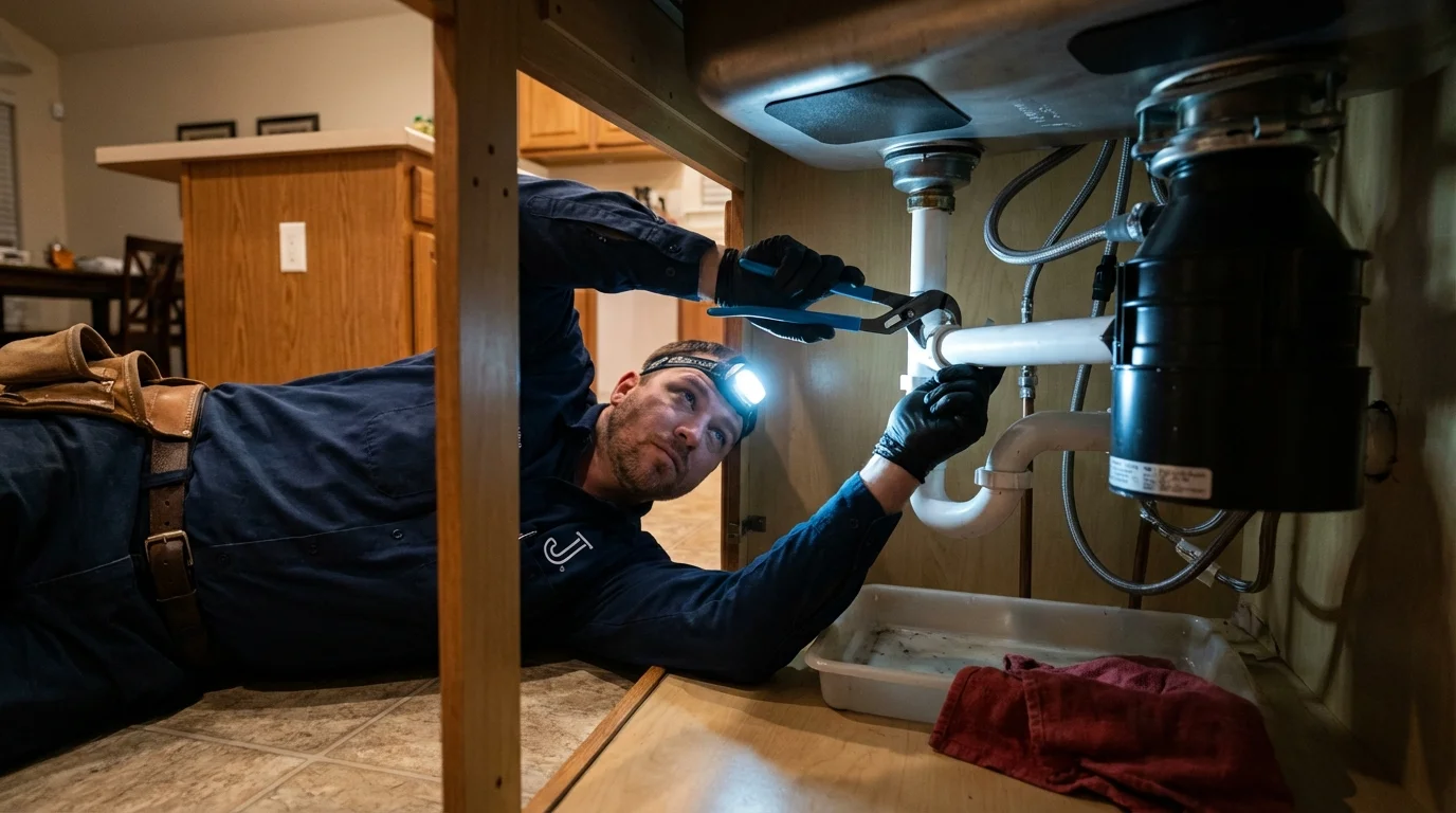 P-trap and supply line connections under a kitchen sink showing a common leak point in Houston, PA